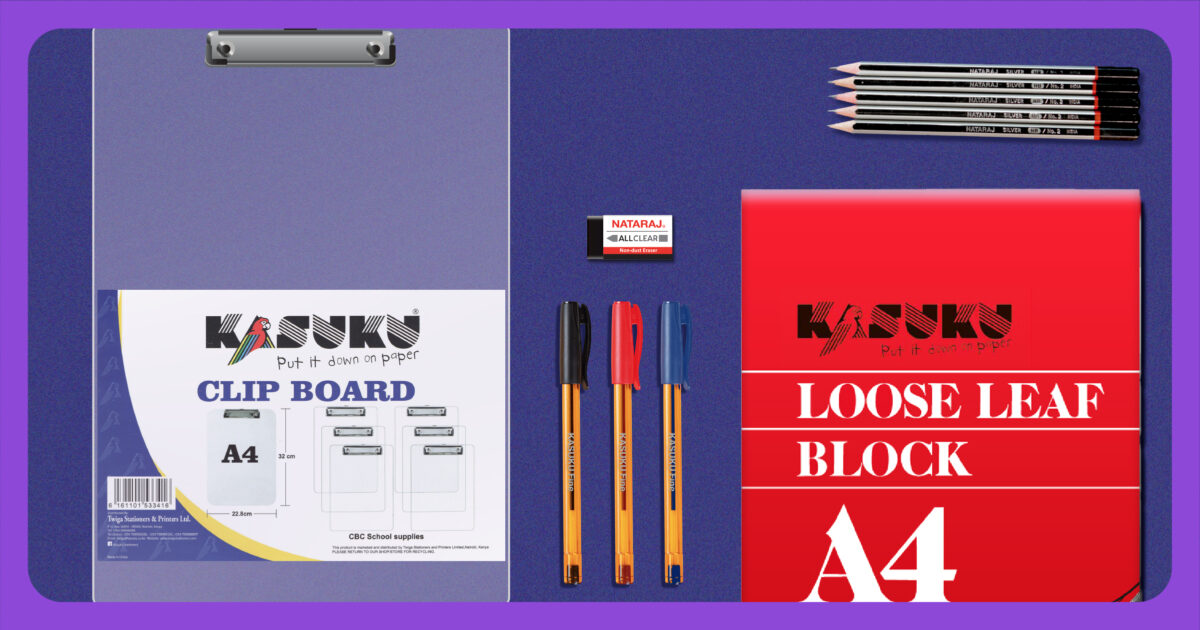 Image showing our Kasuku clipboard, pens, A4 loose leaf pad, Nataraj eraser and HB pencils.